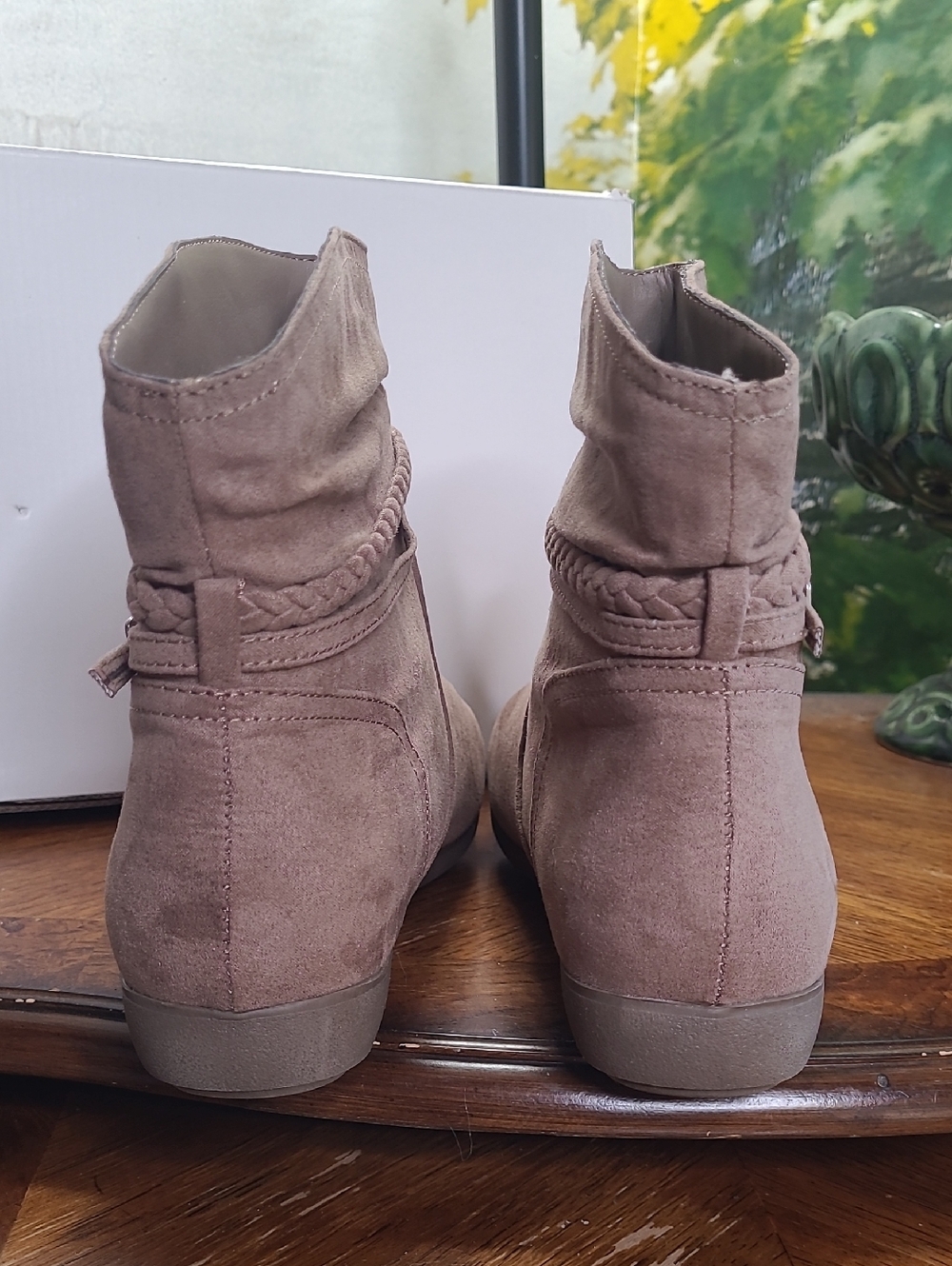 New in box! St Johns Bay Kenzie Womens 9 Taupe Suede Braided Ankle Booties - Picture 4 of 7